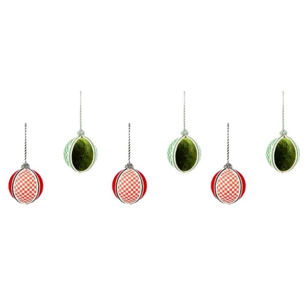 NEW Mackenzie-Childs Check It Out Patchwork Fabric Ornaments, Set of 6 Red Green